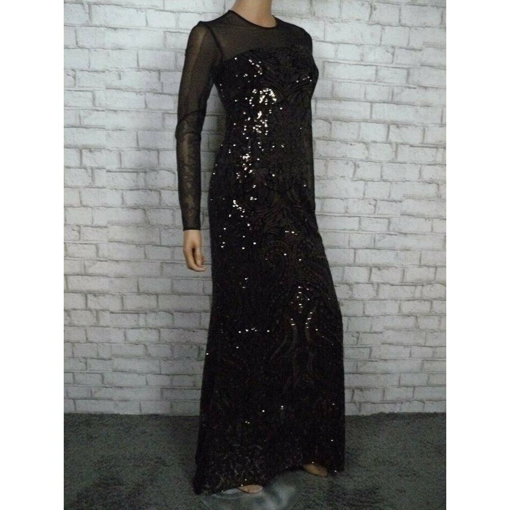Betsy & Adam Black Velvet Bronze Sequin Long Sleeve Fitted Gown 4 NEW - Picture 6 of 12